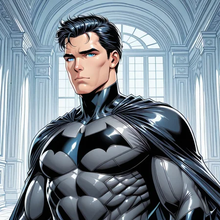 <lora:Batman_-_IO_Illustrious:1>,1boy, Bruce Wayne, short hair, black hair, blue eyes, batsuit, cape, in a mansion