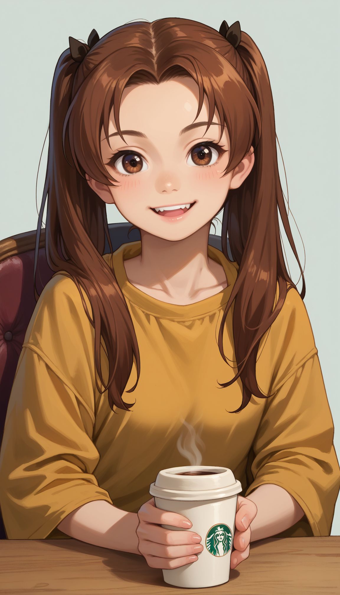 score_9, score_8_up, score_7_up, score_6_up, , solo,  (Beuty:1.1) , (cute:1.3), ,perfecteyes , seductive smile,perfect
(photo realistic:1.2), (simple background:1.1),  
 <lora:Kadotani Anzu:1> 1girl, kadotani anzu, long hair, twintails, brown hair, parted bangs, brown eyes, hair ribbon, 
upper tooth, smile, , sitting, table, chair, coffee shop, holding coffee cup, doughnut, food, smille, upper body