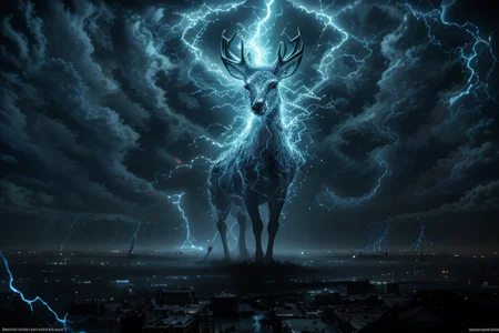 ethereal fantasy concept art of  masterpiece,best quality,absurdres,high details,8K,photorealistic,giant deer into sky over city,<lora:Concept_-_LightningPunk_v1:0.5>,dianhuun,glowing,lightning,electricity,glowing eyes,lightning antlers,<lora:Concept_-_Hella-sthetic_v2:0.5>,storm cloud, , intricate, elegant, highly detailed, symmetry, magical atmosphere, sharp focus, majestic, very coherent, radiant, advanced, cinematic, artistic, fine detail, winning, beautiful, stunning, dramatic light, designed, rich deep colors, perfect professional background, ambient, tailored set composition  . magnificent, celestial, ethereal, painterly, epic, majestic, magical, fantasy art, cover art, dreamy