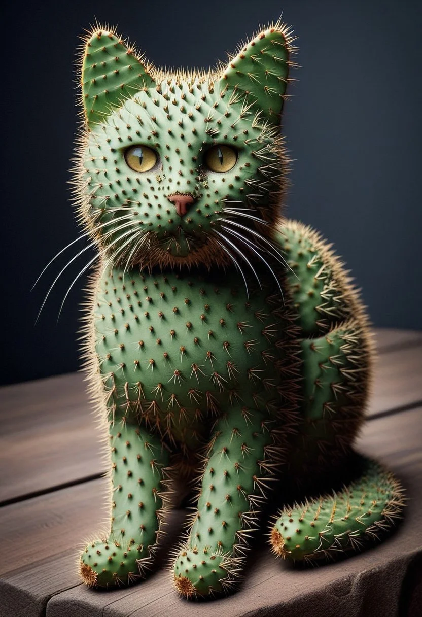 Feral Cat made out of prickly pears, body armor, cute