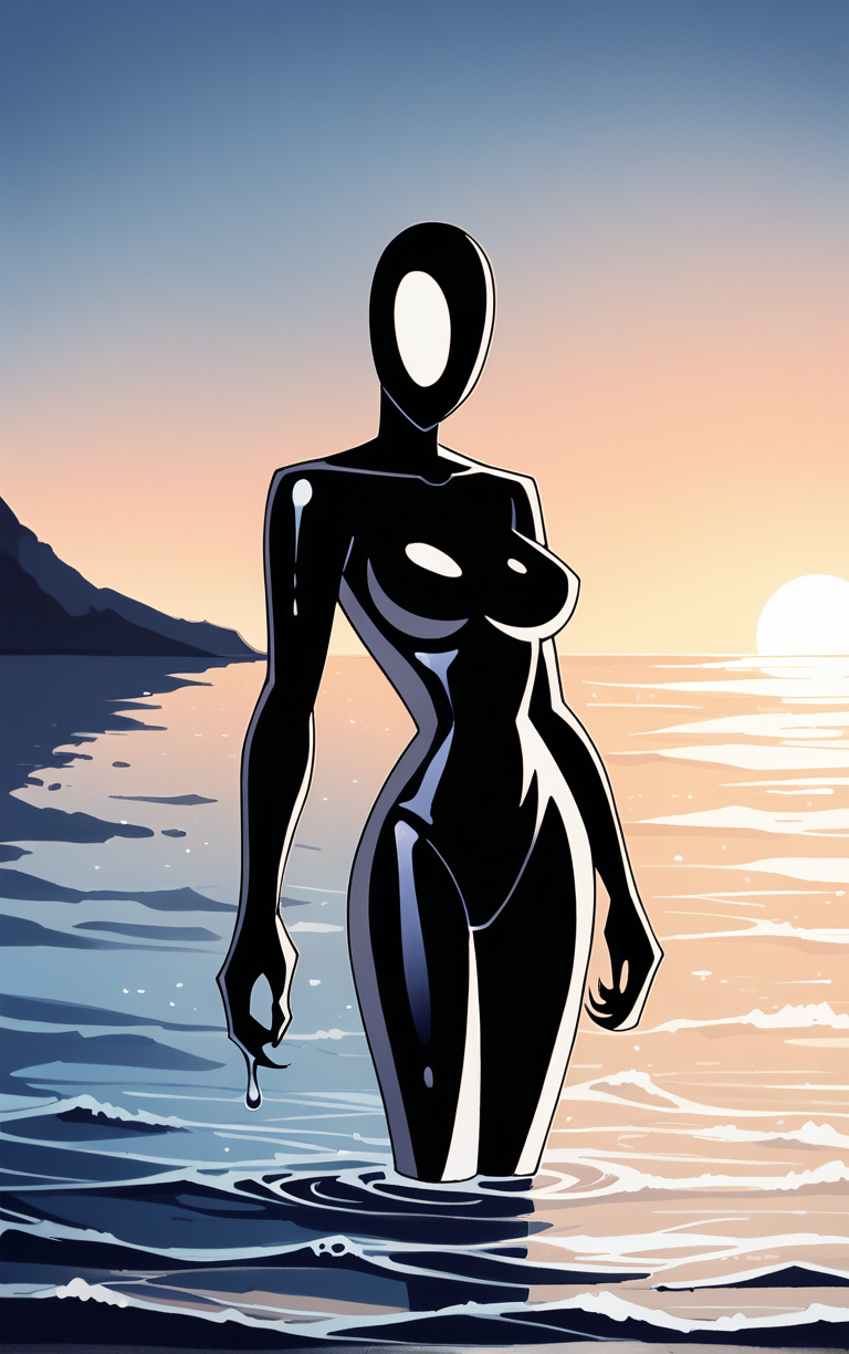 score_9, score_8_up, score_7_up, BREAK
Inque_Morphed_ownwaifu, 
1other, alien, masked, slime girl, white mask, no humans, medium breasts, claws, black bodysuit, large breasts, shiny, superhero, skin tight, silhouette,
(wading, beach), head tilt, sidelighting, ocean, sky, water, caustics, cowboy shot, <lora:PONYXL_DC_BatManBeyond_Inque_ownwaifu:0.8> , depth of field, solo,