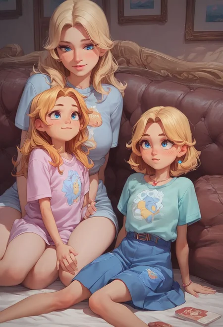 score_9, score_8_up, score_7_up, size difference, age difference, 2girls, mother, zPDXL2, sitting, side by side, NSHaleyStardew, long hair, blonde hair, blue eyes, KanabunP