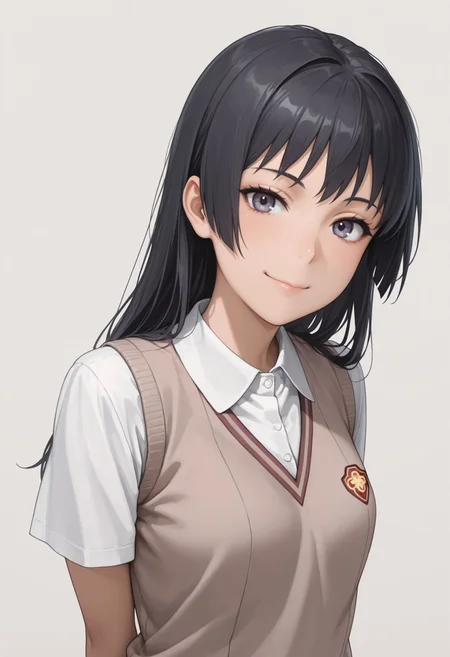 masterpiece,best quality,absurdres,highres,very aesthetic,high quality,detailed,insanely detailed,beautiful, arms behind back, smile, upper body, looking at viewer, solo, simple background, white background
<lora:Awatsuki Maaya illu:1> 1girl, tokiwadai school uniform, summer uniform, long hair, brown sweater vest, black hair, skirt, smile, white socks,background, shoes, loafers