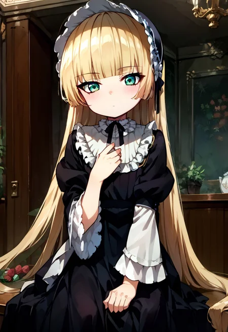 score_9, score_8_up, score_7_up, source_anime, 1girl, solo, flat chest, blush, victorique de blois, blonde hair,long hair,blunt bangs,green eyes,black bonnet, hairband,chin strap, gothic, black dress, long dress, ribbon, frills,pantyhose,black shoes, indoors, expressionless, looking at viewer, solo, sitting, head rest, table, cowboy shot, dutch angle,