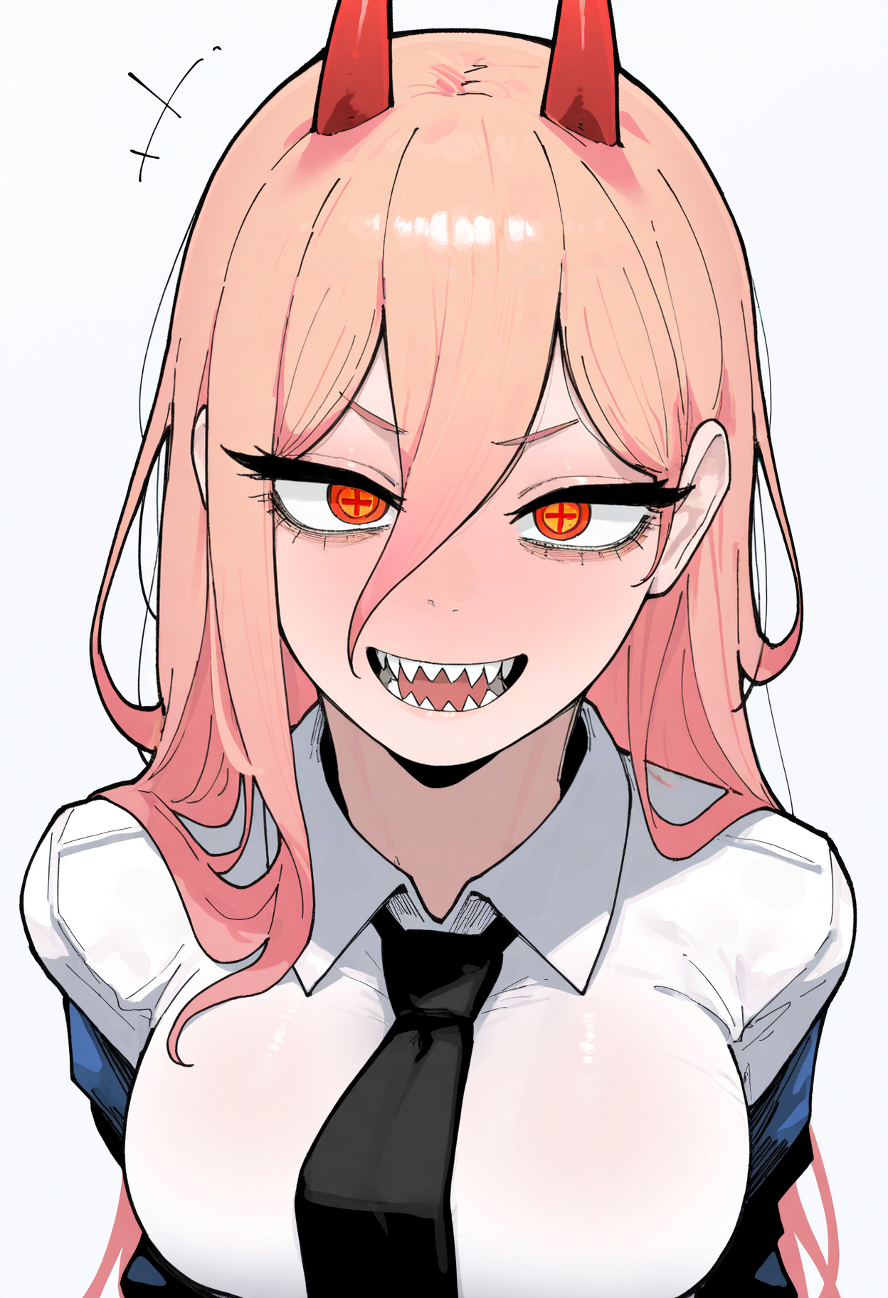 best quality, amazing quality, very aesthetic, absurdres,
1girl, power \(chainsaw man\), pink hair, blonde hair, red horns, red eyes, cross-shaped pupils, long hair, sharp teeth, hair between eyes, symbol-shaped pupils,
collared shirt, black necktie, long sleeves,
looking at viewer, white shirt, open mouth,
simple background, white background, smile, upper body, <lora:Azz0422Noob_byKonan:1>