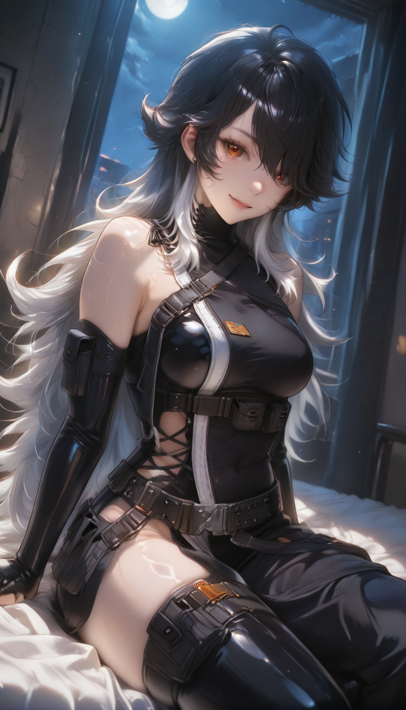 <lora:LCMTurboMix_Euler_A_fix:1> <lora:example_SDXL:0.3>, EZRealPONYXL, <lora:Dramatic Lighting Slider:3> <lora:realistic filter [IL]:1>
DSLR,realistic,cosplay photo, (very awa,masterpiece,best quality,year 2024,newest,absurdres,highres:1), realistic,skin texture,facial features, photography shot with Canon EOS 5D Mark IV , realistic, RAW, best quality, masterpiece, amazing quality, skin details,
1girl, highly detailed beautiful face, large natural breasts,
detailed background, shiny skin, dutch angle, night, moonlight,
beautiful detailed eyes, intricate details, absurdres, anime screencap,
<lora:K_NIKKE_ILXL_kill0825:1>
Nikke_K, long hair, large breasts, black hair, red eyes, hair between eyes, very long hair, medium breasts, white hair, grey hair, multicolored hair, sidelocks, hair over one eye, two-tone hair, orange eyes, gradient hair, eyebrow piercing, swept bangs, earrings, jewelry,
shirt, gloves, thighhighs, bare shoulders, thighs, detached sleeves, sleeveless, black gloves, belt, elbow gloves, fingerless gloves, black shirt, sleeveless shirt, thigh strap, bodysuit, single thighhigh, buckle, black belt, asymmetrical legwear, pouch, black sleeves, asymmetrical clothes, colored tips, belt pouch, single leg pantyhose, thigh pouch, utility belt, snap-fit buckle, black thighhighs, black dress, harness,
dynamic pose, on bed, smile, looking at viewer,