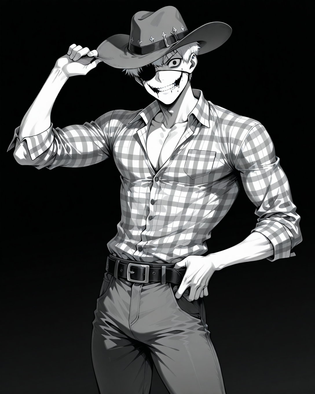 masterpiece, best quality, amazing quality, very aesthetic, absurdres, newest, HuntStyle,  ink (medium), greyscale, hatching (texture), creepy, horror, cowboy shot, 1boy, solo, bishounen, toned male, white hair, very short hair, black eyes, cowboy, dark grey cowboy hat, black eyepatch, plaid shirt, open collar,  jeans, cowboy boots, covered_ standing, glasgow smile, v-shaped eyebrows, evil grin, hat tip, hand on belt, dark background, black background, looking at viewer, gradient background,  <lora:StS-Illustrious-Detail-Slider-v1.0:5><lora:detailed hand focus style illustriousXL v1:0.7> <lora:StS_Age_Slider_Illustrious_v1:-1> <lora:Hunt_Showdown_Style:0.3>