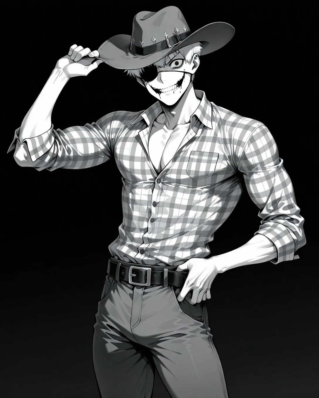 masterpiece, best quality, amazing quality, very aesthetic, absurdres, newest, HuntStyle,  ink (medium), greyscale, hatching (texture), creepy, horror, cowboy shot, 1boy, solo, bishounen, toned male, white hair, very short hair, black eyes, cowboy, dark grey cowboy hat, black eyepatch, plaid shirt, open collar,  jeans, cowboy boots, covered_ standing, glasgow smile, v-shaped eyebrows, evil grin, hat tip, hand on belt, dark background, black background, looking at viewer, gradient background,  <lora:StS-Illustrious-Detail-Slider-v1.0:5><lora:detailed hand focus style illustriousXL v1:0.7> <lora:StS_Age_Slider_Illustrious_v1:-1> <lora:Hunt_Showdown_Style:0.3>