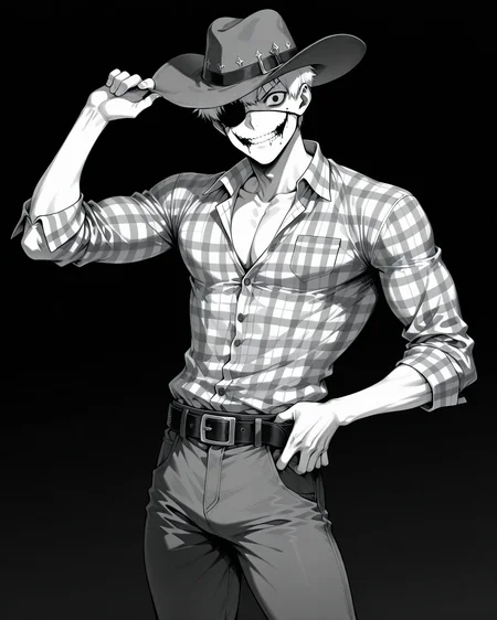 masterpiece, best quality, amazing quality, very aesthetic, absurdres, newest, HuntStyle,  ink (medium), greyscale, hatching (texture), creepy, horror, cowboy shot, 1boy, solo, bishounen, toned male, white hair, very short hair, black eyes, cowboy, dark grey cowboy hat, black eyepatch, plaid shirt, open collar,  jeans, cowboy boots, covered_ standing, glasgow smile, v-shaped eyebrows, evil grin, hat tip, hand on belt, dark background, black background, looking at viewer, gradient background,  <lora:StS-Illustrious-Detail-Slider-v1.0:5><lora:detailed hand focus style illustriousXL v1:0.7> <lora:StS_Age_Slider_Illustrious_v1:-1> <lora:Hunt_Showdown_Style:0.3>