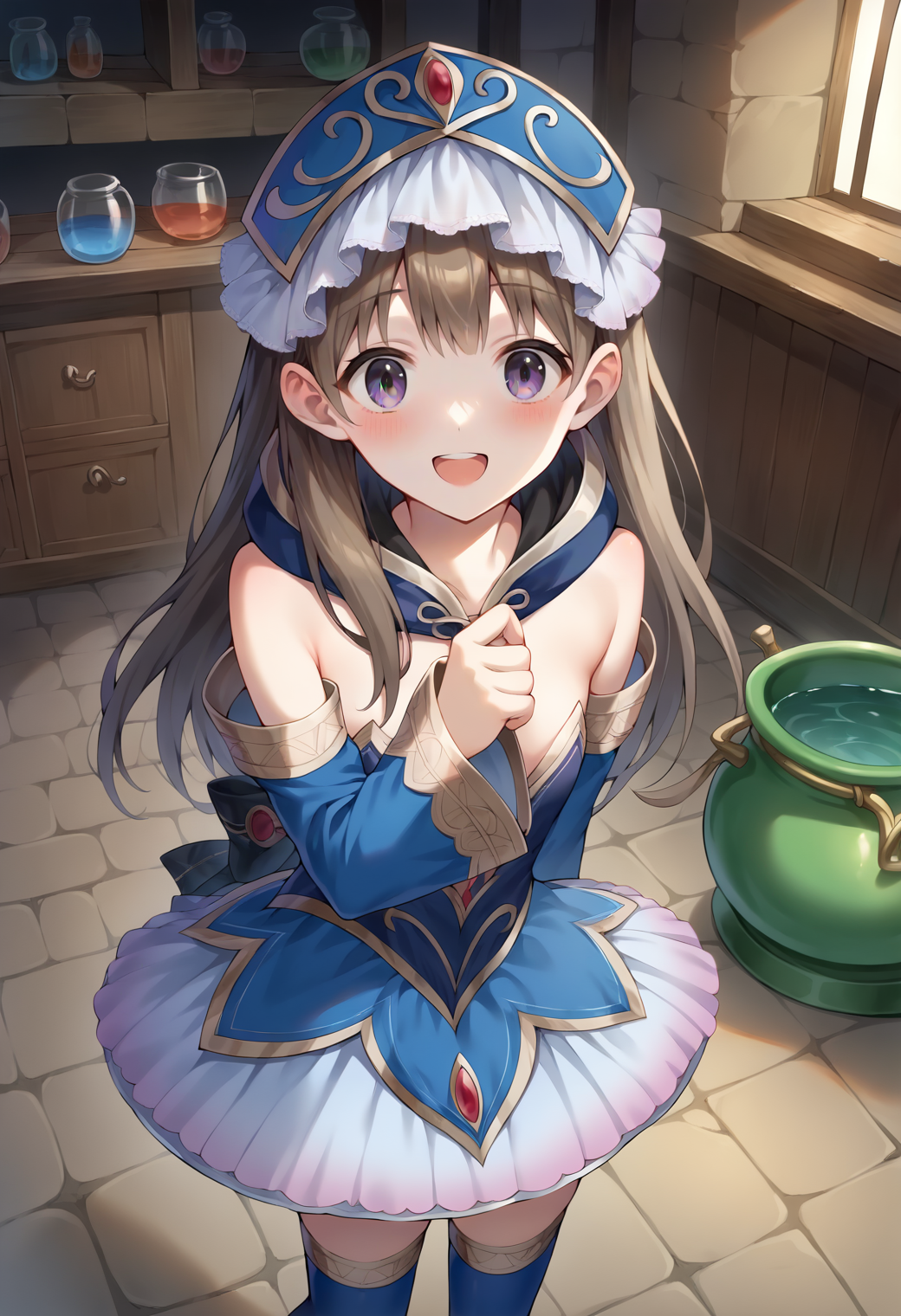 score_9, score_7_up, hd, (ultra hd quality details), source_anime, indoors,
solo, 1girl, attotori, brown hair, long hair, hair over shoulder, grey eyes,
totoriblu, blue headdress, hood down, blue dress, bare shoulders, strapless, blue sleeves, detached sleeves, gradient skirt, blue thighhighs,
looking at viewer, blush, smile, open mouth,
standing, from above, cauldron,
<lora:_totooria_helmold-elesico-ponyD-000011:1>