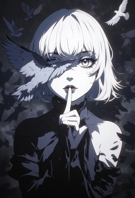 An Acrylic style painting that is expressive, gives it a dynamic and emotional quality. Anime art of a stylized portrait of a woman with a ethereal black and gray mist surrounding her body. The mist creates a dramatic and surreal effect. A pigeon's wing, which flies, covers one of the eyes, the front of the face. The woman has a cold aesthetic, complimented by her white hair. Anime art of woman draped in shadows with a lighting that enhances her unique features.
The background is dark gray, filled with a pigeon swarm flying.
Holding finger to lips, shush, shushing motion,