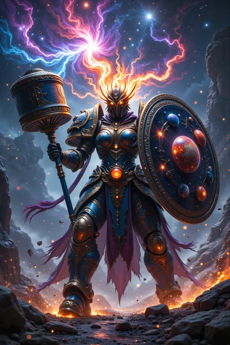 A celestial juggernaut strides forward, her every step leaving starlight footprints in reality. Her massive warhammer 'Constellation Breaker' contains a captured nebula that swirls within its head. Cosmic energy cascades off her form like a river of stars. Her helmet is fashioned after a solar corona, with rings of enchanted metal orbiting around its crown like planets around a sun. Her armor is decorated with moving constellations that shift with the real stars above, bearing the mark of the Stellar Concordat - a supernova embracing a shield. Her kite shield seems to contain actual space within its borders, showing the birth and death of stars across its surface while its rim is decorated with the phases of a hundred moons. The endless expanse of space serves as her backdrop, visible through a massive breach in reality. Fantastic lighting. Detailed shadows.intricate details, vivid colors, hyper-detailed, ultra-sharp<lora:FluxMythR3alisticF:0.4><lora:midjourney_whisper_flux_lora_v01:0.4><lora:aidmaMJ6.1-FLUX-V0.1:0.4><lora:Movie_Portrait:0.4><lora:Flux DetailerV2:0.4>