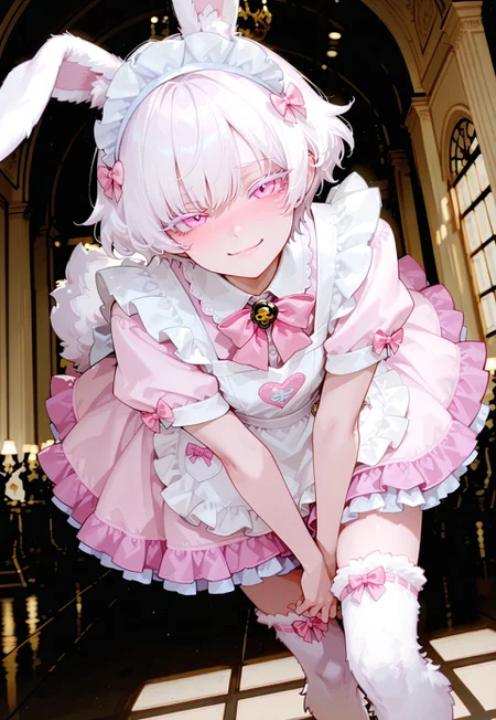 anime, best quality, dynamic pose, expressive, dynamic pose, dynamic angle, volumetric lighting, cinematic lighting, absurdres,
BREAK
,
1girl, pixie cut, short hair, white hair, wavy hair, white eyelashes, fluffy hair, withe skin, beautiful pink eyes, little, cute, fluffy outfit, Wererabbit, animal legs, thighhigh fur, rabbit ears, fluffy, (handsome, bishounen, masculine),
BREAK
,
indoors, ballroom, cute, blushing, shy, detailed, beautiful, masterpiece, high quality, adorable, shy smile, maid, maid headdress, apron, pink dress, frills, short sleeves, pink bow, mori_calliope