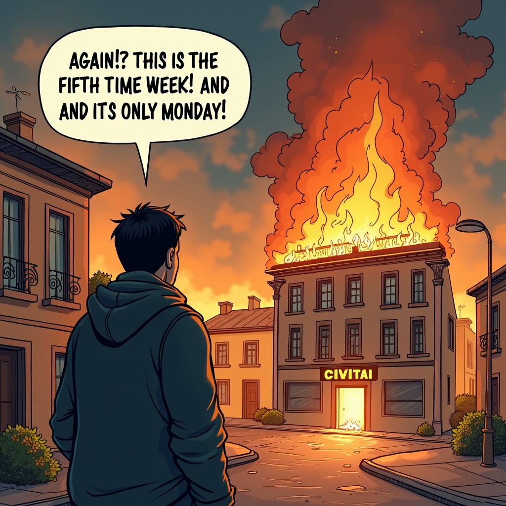 Create an image in the style of a comic about a man looking at a burning "Civitai" building and saying to himself "AGAIN!? THIS IS THE FIFTH TIME THIS WEEK! AND IT'S ONLY MONDAY!"