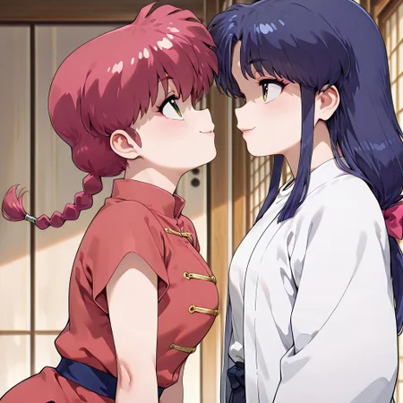 masterpiece,best quality,amazing quality,very aesthetic,absurdres,newest, huge filesize,
<lora:spo_sdxl_10ep_4k-data_lora_webui:0.5>,
<lora:add-detail-xl:1>
1girl ranma, long_hair,red_hair, braided_ponytail, green eyes, 
1girl akane, low-tied_long_hair, sidelocks, blue_hair, hair_bow,  brown_eyes
 (from side,side view), seductive smile, 
open clothes,  looking each other, looking up, focus on face, heads at center of frame