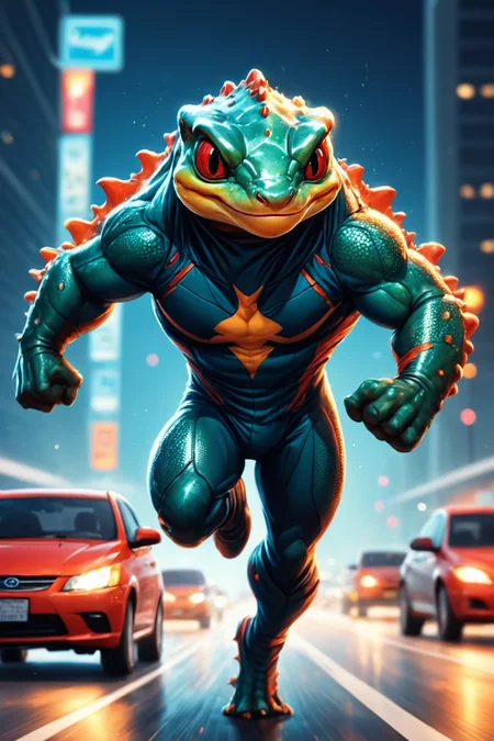 Detailed digital illustration of an anthro Salamander (Running towards the camera energetically) at a Hovering cars speeding on illuminated highways, <lora:xl_more_art-full_v1:0.5>,  <lora:anthro_muscular:0.7> , <lora:madpunk:0.4> madpunk