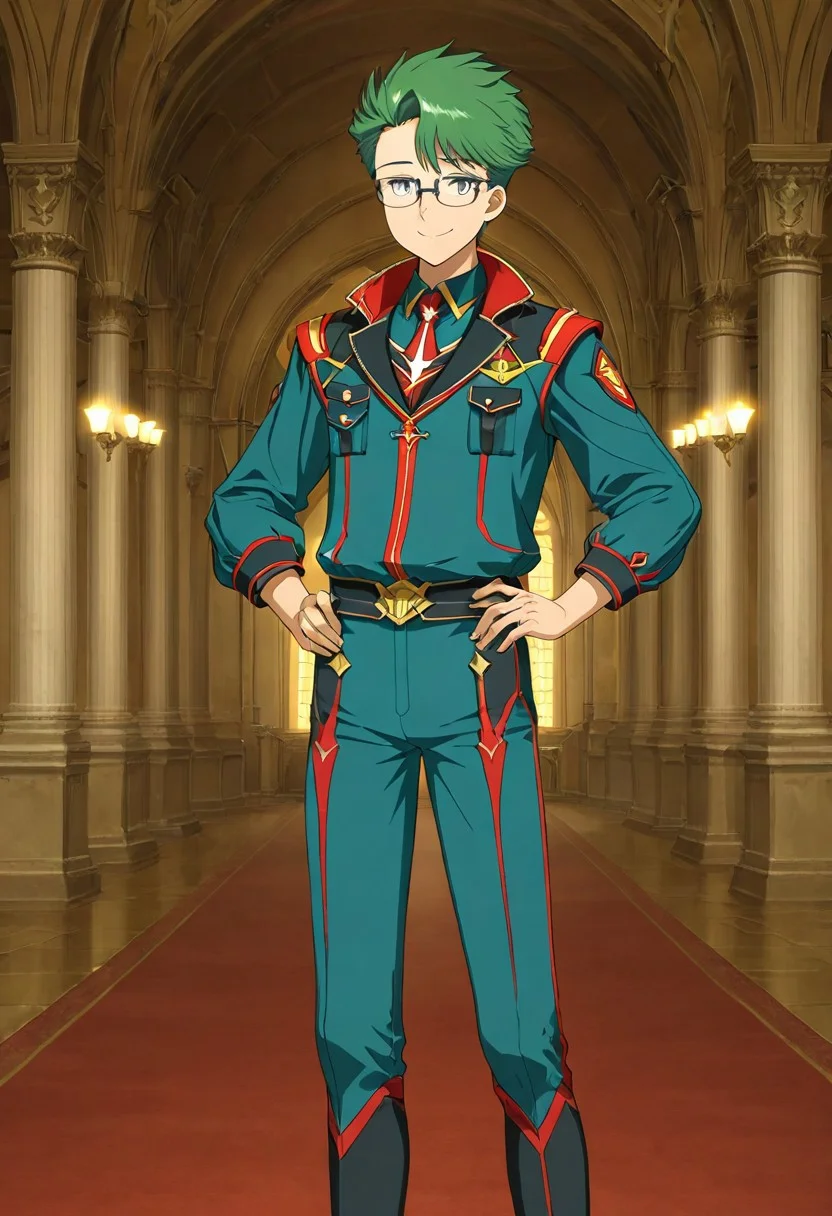 gb4_tao, green hair, short hair, grey eyes, 1boy, solo, male focus, glasses, wear noble outfit, military outfit, blue outfit, indoor, inside palace, white wall, expensive decorations, anime style, anime draw style, perfect hands, high quality, best quality, masterpiece, outdoor setting, hands lean on hip, strong legs