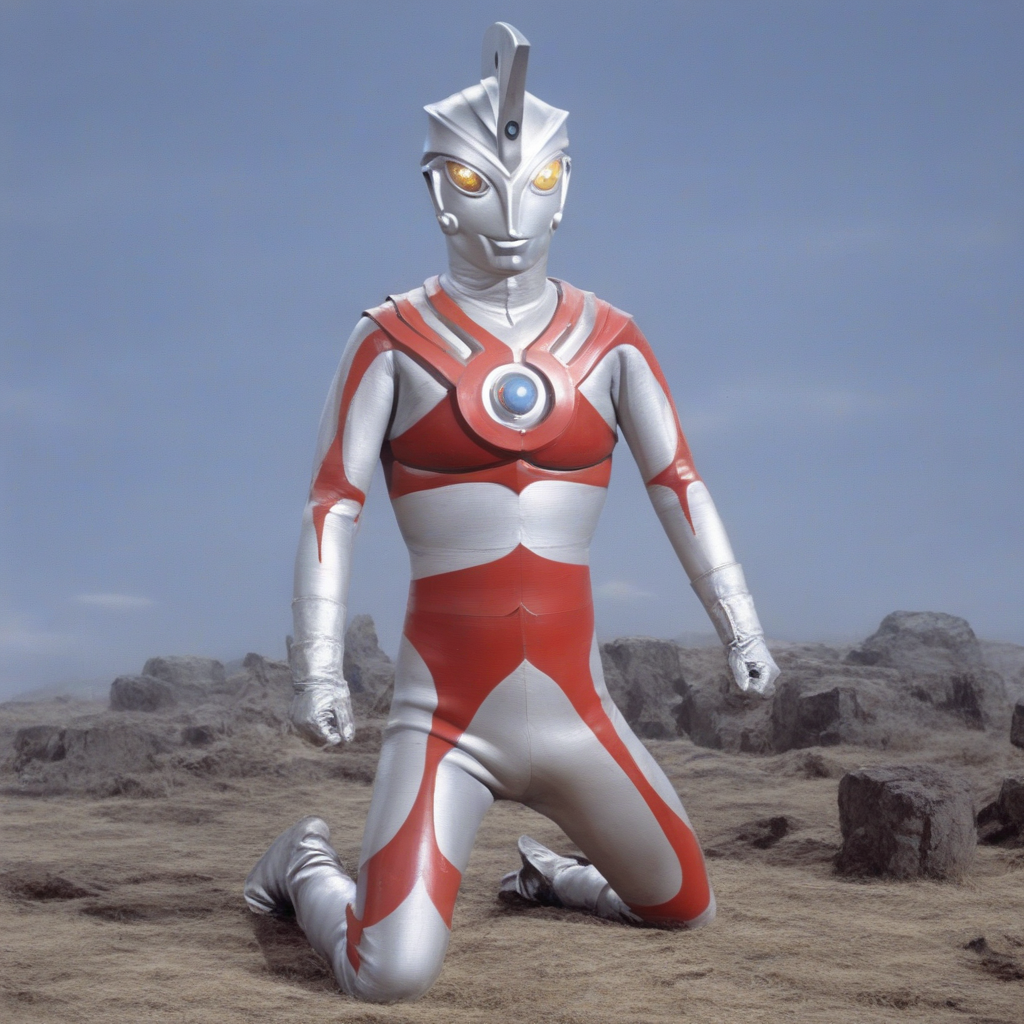 male focus,ultraman ace,no human,alien,giant superhero,silver head,headdress with one hole,silver rubber bodysuit with red line, glowing hemisphere on the chest,silver gloves and boots,
