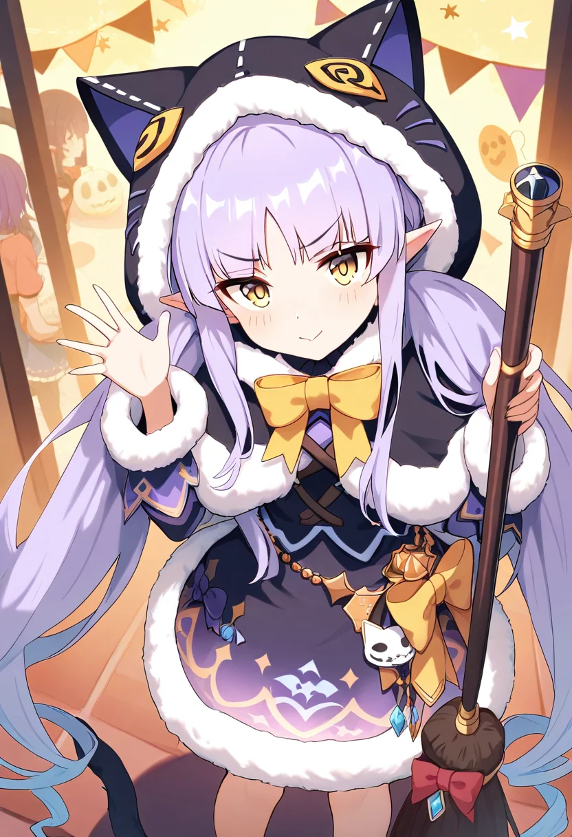 masterpiece,high score,great score,absurdres,<lora:Kyouka_ani4_xl_v1-000014:0.8>,kyouka \(princess connect!\),1girl,purple hair,twintails,solo,very long hair,frills,looking at viewer,standing,pointy ears,yellow eyes,waving,fur-trimmed hood,holding broom,cat tail,black capelet,striped clothes,black dress,halloween,fur-trimmed skirt,yellow bow,fur-trimmed capelet