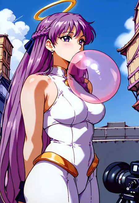 score_9, score_8_up, score_7_up, score_6, score_5, score_4, Usui, traditional media, lineart, lineart art style, dpf_yuri, very long hair, purple hair, purple eyes, platinum-gold earrings,braid,french braid, decorative patterned ribbon,  large halo, skin tight, corset in beautiful latex tricolored striped neon-turquoise and bright neon-purple, catsuit (facing away from camera:1), looking over shoulder, looking behind the camera, ultra detailed photograph, sharp focus, high resolution, beautiful detailed skin, beautiful detailed eyes, best quality, normal length arms, (blowing clear-transparent gigantic bubblegum)