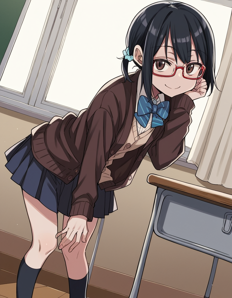 score_9, score_8_up, score_7_up, source_anime,
shihosayama, <lora:shiho-sayama-manga-ponyxl-lora-nochekaiser:1>,
shiho sayama, black hair, brown eyes, glasses, twintails, short hair, scrunchie, hair scrunchie, red-framed eyewear,
skirt, shirt, long sleeves, bow, school uniform, pleated skirt, shoes, socks, bowtie, blue bow, cardigan,
indoors, classroom, bent over, smile,
looking at viewer, solo, cowboy shot, dutch angle,
