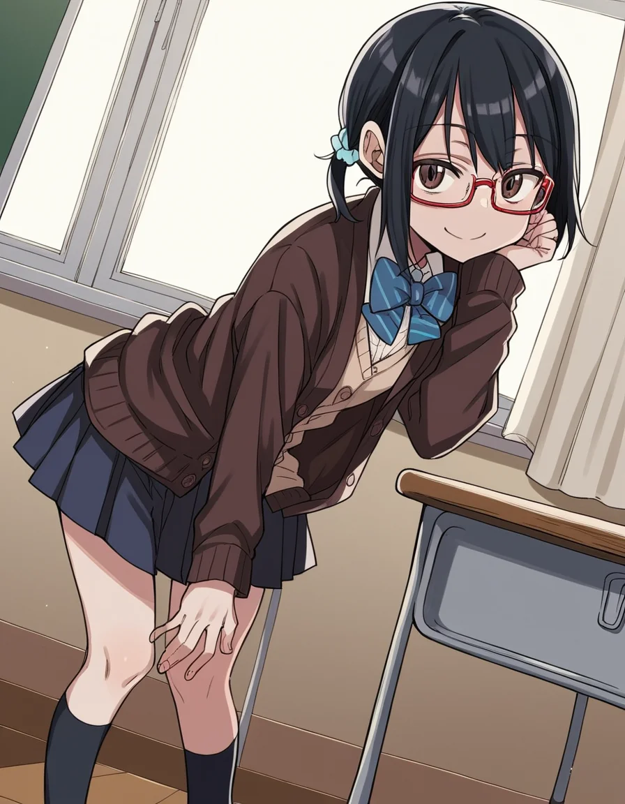 score_9, score_8_up, score_7_up, source_anime,
shihosayama, <lora:shiho-sayama-manga-ponyxl-lora-nochekaiser:1>,
shiho sayama, black hair, brown eyes, glasses, twintails, short hair, scrunchie, hair scrunchie, red-framed eyewear,
skirt, shirt, long sleeves, bow, school uniform, pleated skirt, shoes, socks, bowtie, blue bow, cardigan,
indoors, classroom, bent over, smile,
looking at viewer, solo, cowboy shot, dutch angle,