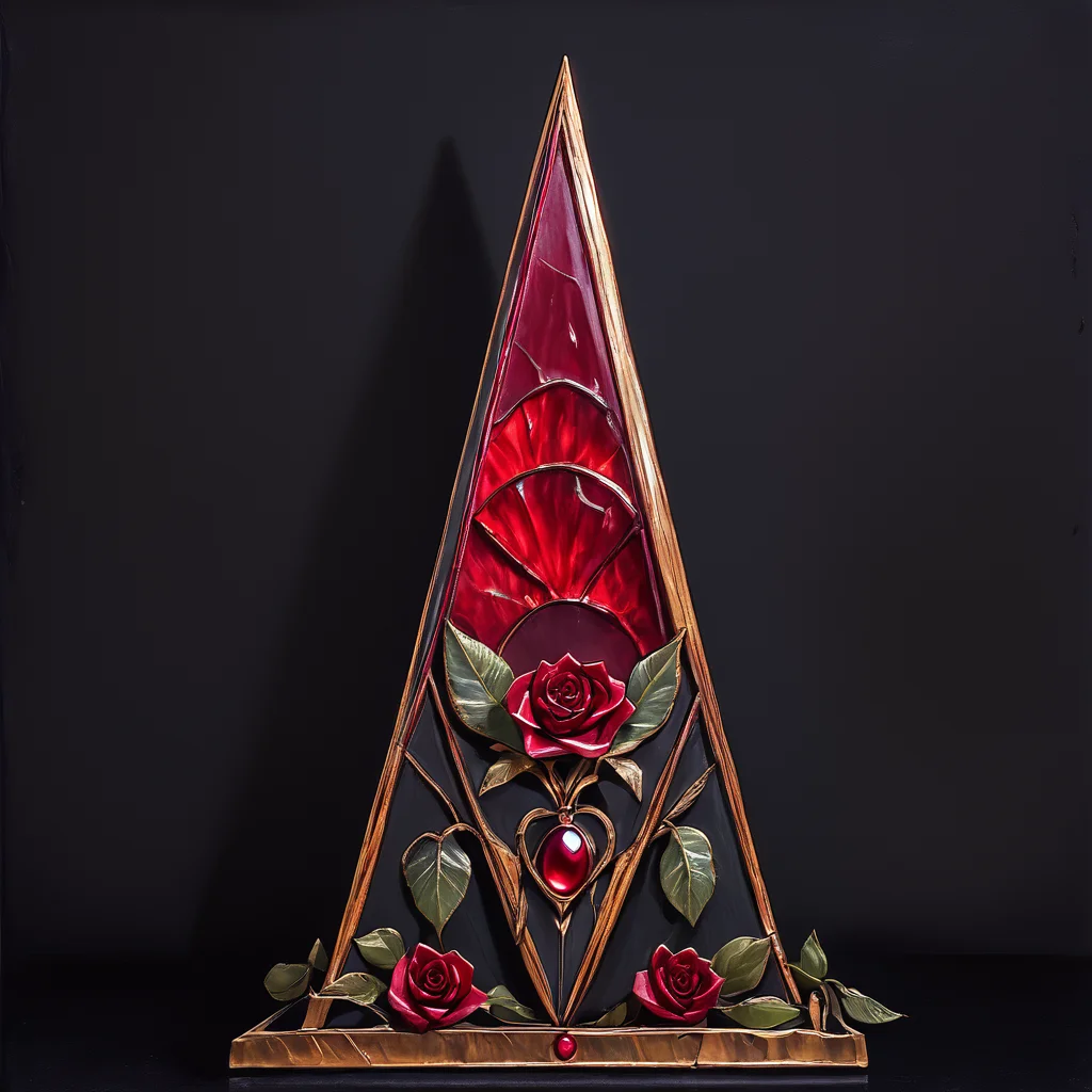 The image shows a red rose in the center of a triangle on a black background surrounded by a golden triangle. The rose is a deep red color and the triangle is a golden hue. The background is a stark black creating a striking contrast with the vibrant red of the rose., no humans, still life, flower, red flower, rose, traditional media, red rose, border, leaf, painting (medium), framed, red gemstone, acrylic paint (medium), coffin core_9, score_8_up, score_7_up, <lora:Art_DecoPony:1> ArsMJStyle, Art Deco