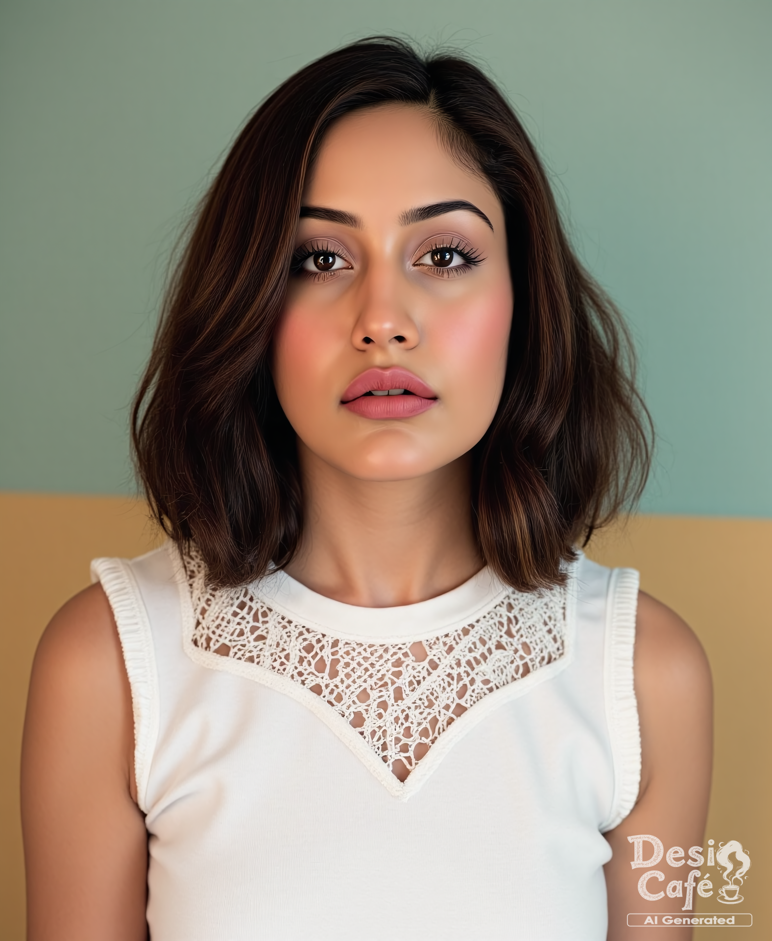 headshot photo of Surabhi Chandna woman, hyper realistic photo that is safe for work, shouting, studio quality image with natural colors, well dressed wearing intricate sleeveless White sweatshirt, hair styled as  bob,muted pastel shaded multicolored background that contrasts with the person, cinematic lighting,âââââ âââ  <lora:Surbhi_Chandna_Flux_Kohya_V1:1>âââ