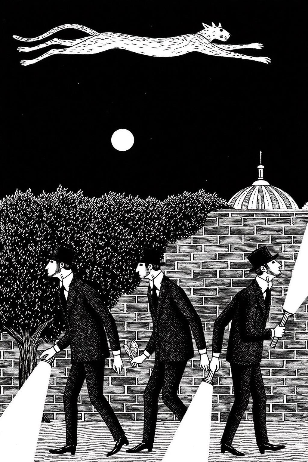 edwardgorey1 illustration.
Three men in suits and bowler hats, each holding a flashlight towards a brick wall, walk in a line with heads tilted down. Above them, a giant cat leaps against a dark sky with a full moon. The outdoor scene includes a tree and a dome-shaped structure in the distance. <lora:edwardgorey1_d8a4e9:1.0><lora:864746133296046899:0>