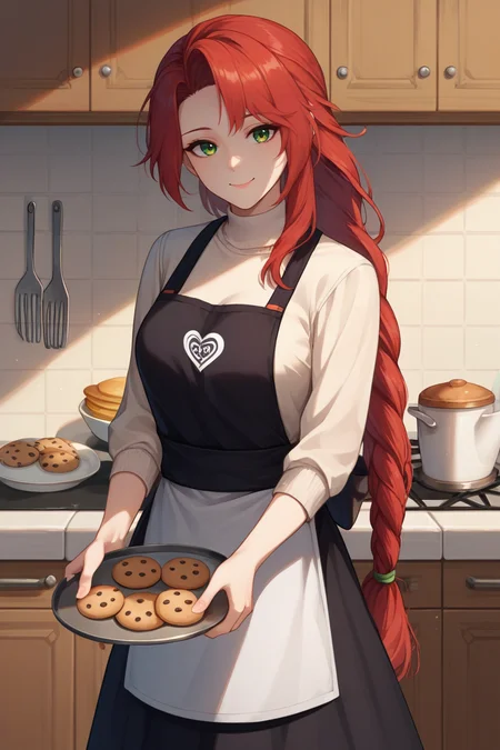score_9, score_8_up, score_7_up, score_6_up, source_anime BREAK 1girl, solo, <lora:fetitania-pdxl-nvwls-v1-000005:1> defTitania, red hair, green eyes, braided ponytail, white sweater, apron, skirt, kitchen, looking at you, tray of cookies, smile