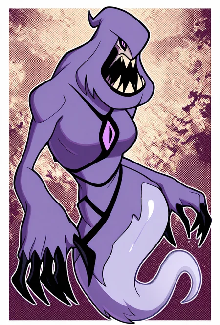<lora:zskayr-10:1> zskayr, no humans, solo, monster, teeth, black claws, pokemon (creature), single purple eye, , purple skin, sharp teeth, , black sclera,, ghost tail, purple hood, upper body, , no legs, dynamic pose, <lora:welwraith-guy90-Illust-Lycorisv1:1> welith, curvy, masterpiece, best quality, amazing quality, very aesthetic, absurdres, newest,, upper body, halftone effect, white borders, abstract background:1.2,