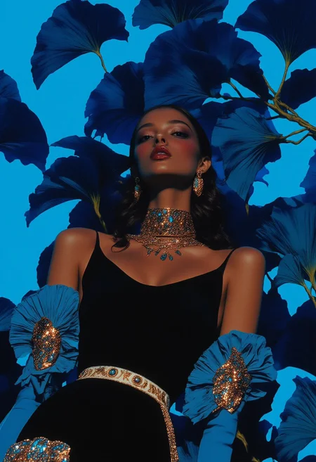 A hyper-realistic close-up portrait of a woman’s upper body and midriff, set against an artistic, surreal atmosphere. She wears a predominantly black dress, adorned with shimmering gold and silver sequins and beads that reflect the soft, ambient lighting, creating a mesmerizing, radiant effect. The luxurious fabric, a blend of sheer materials and glittery accents, adds depth and texture to her elegant look. Her long, wavy dark hair cascades over her shoulders, partially obscuring her face, adding an air of mystery. Her medium to dark skin tone, hinting at African descent, glows under the gentle light. She accessorizes with a large, gold hoop earring and a gold chain belt adorned with small dangling coins that elegantly drape over her hips. Long black, elbow-length gloves elevate the outfit with a sophisticated touch. The background is a bold, vibrant electric blue, overtaken by exaggerated, oversized *Ginkgo biloba* leaves in vivid electric blue tones that contrast sharply with her attire. The leaves grow wildly, leaning toward her and partially covering her body, curling around her arms and torso as if nature itself is embracing her. One large leaf partially obscures her lips, adding to the surreal, artistic interaction. Captured in ultra-high-definition, 8K quality, the image highlights the flawless textures of her skin, clothing, and accessories, blending high fashion with nature’s surreal beauty.