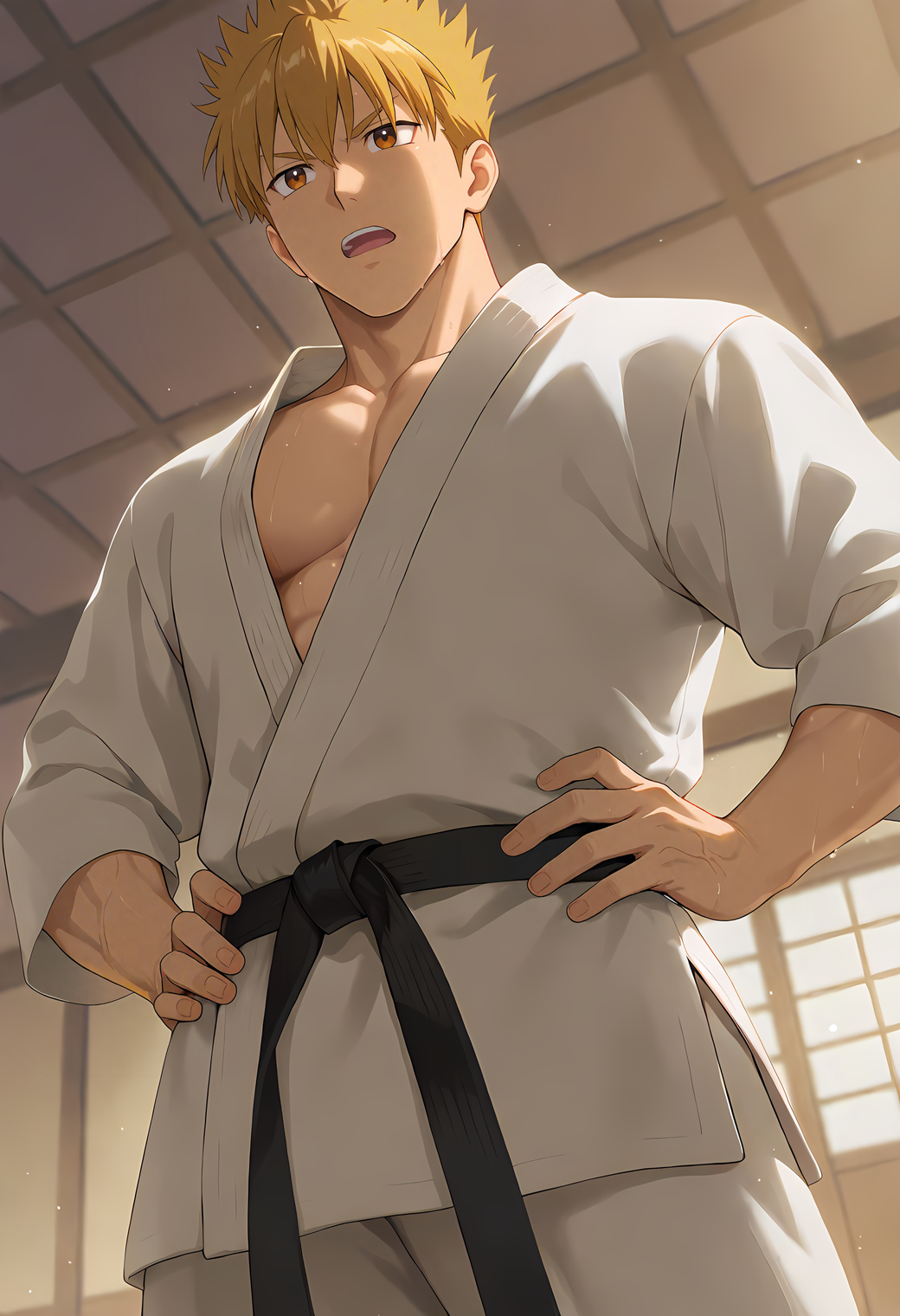 <lora:fujiyama_arashi:1>,
f4r4sh1,blonde_f4r4sh1_hair,brown_f4r4sh1_eyes,1boy,solo,anime coloring,
manly,
from below,dougi,navel,toned male,sweat,(shiny skin:0.8),open mouth,martial arts belt,hands on own hips,dojo,indoors,
masterpiece,very awa,best quality,amazing quality,absurdres,highres,incredibly absurdres