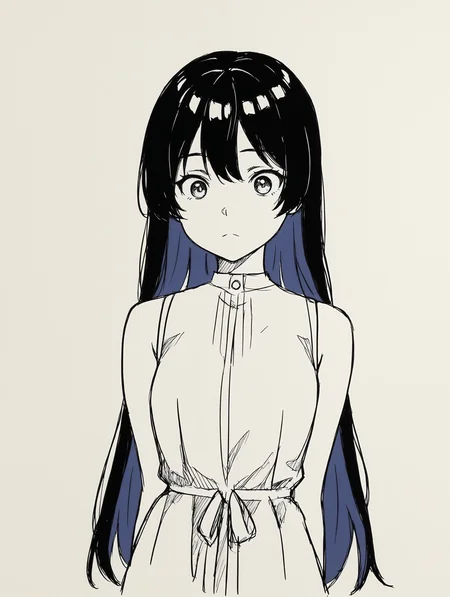 <lora:SketchArtWork_FNL:1> traditional media, monochrome, sketch, paper texture
<lora:Tinasha_-_Unnamed_Memory:0.7> tinasha, black hair, colored inner hair, blue inner hair,
white dress, sleeveless,
1girl,solo,
masterpiece,best quality,amazing quality,