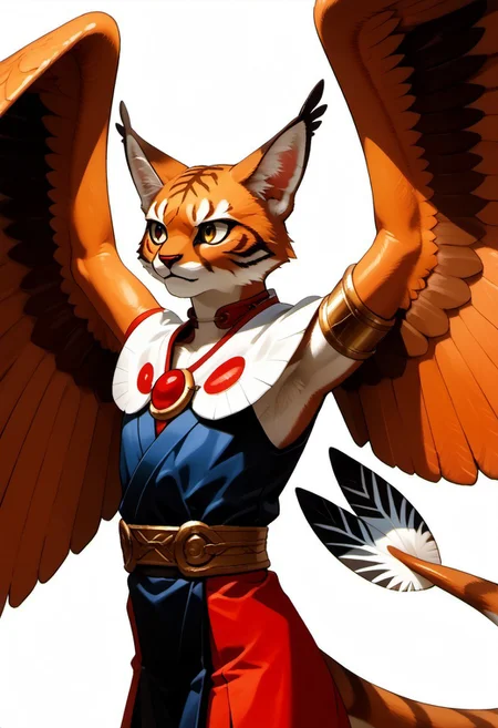 MVC2style
1person, Palagiri, anthro, feline features, feline nose, ((wings)), ((armless)), large perfect wings, 
3/4 view, perfect wings, ((feathers-tipped tail, fanned tail-tip, tapering-tip tail)), simple background, white background, upper body,
Source: anime, score: 9, score: 8up,