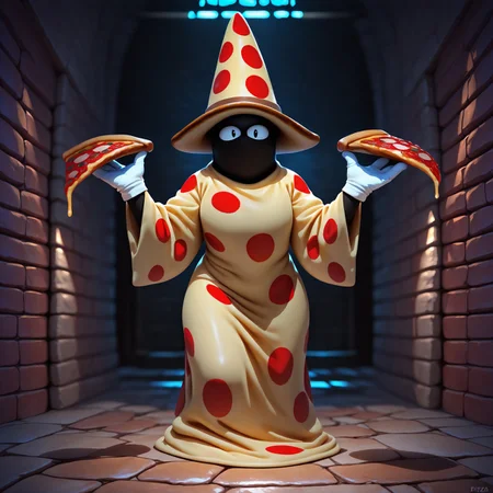 realistic, masterpiece, best quality, newest, absurdres, highres, pizzard, solo, full body, hat, polka dot, black eyes, black skin, robe, long sleeves, white gloves, fewer digits, looking at viewer, hands up, holding pizza, BREAK, dungeon, perspective
