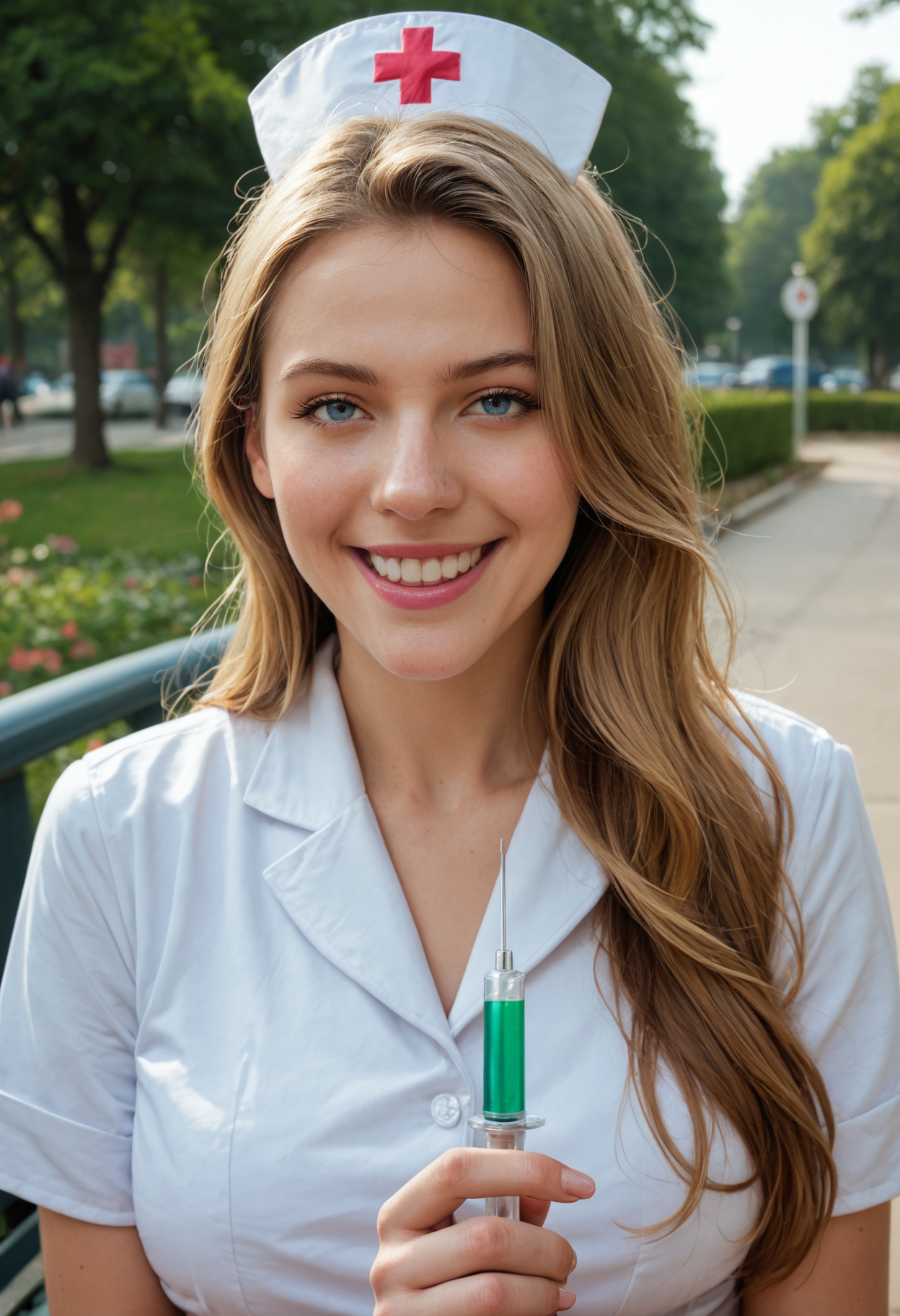 score_9,score_8_up,score_7_up,masterpiece,UHD,close-up,face_focus,portrait,16k,high res,high detailed,
linda_sanc,realistic,blonde hair,long hair,blue eyes,1girl,solo,lipstick,crazy_smile,shiny skin,
nurse uniforn,nurse headdress,holding a syringe,
path,bench,park,<lora:Linda_a_virtual_model_for_pony:0.8>,<lora:sinfully_stylish_SDKL:0.2>,multiple_views,