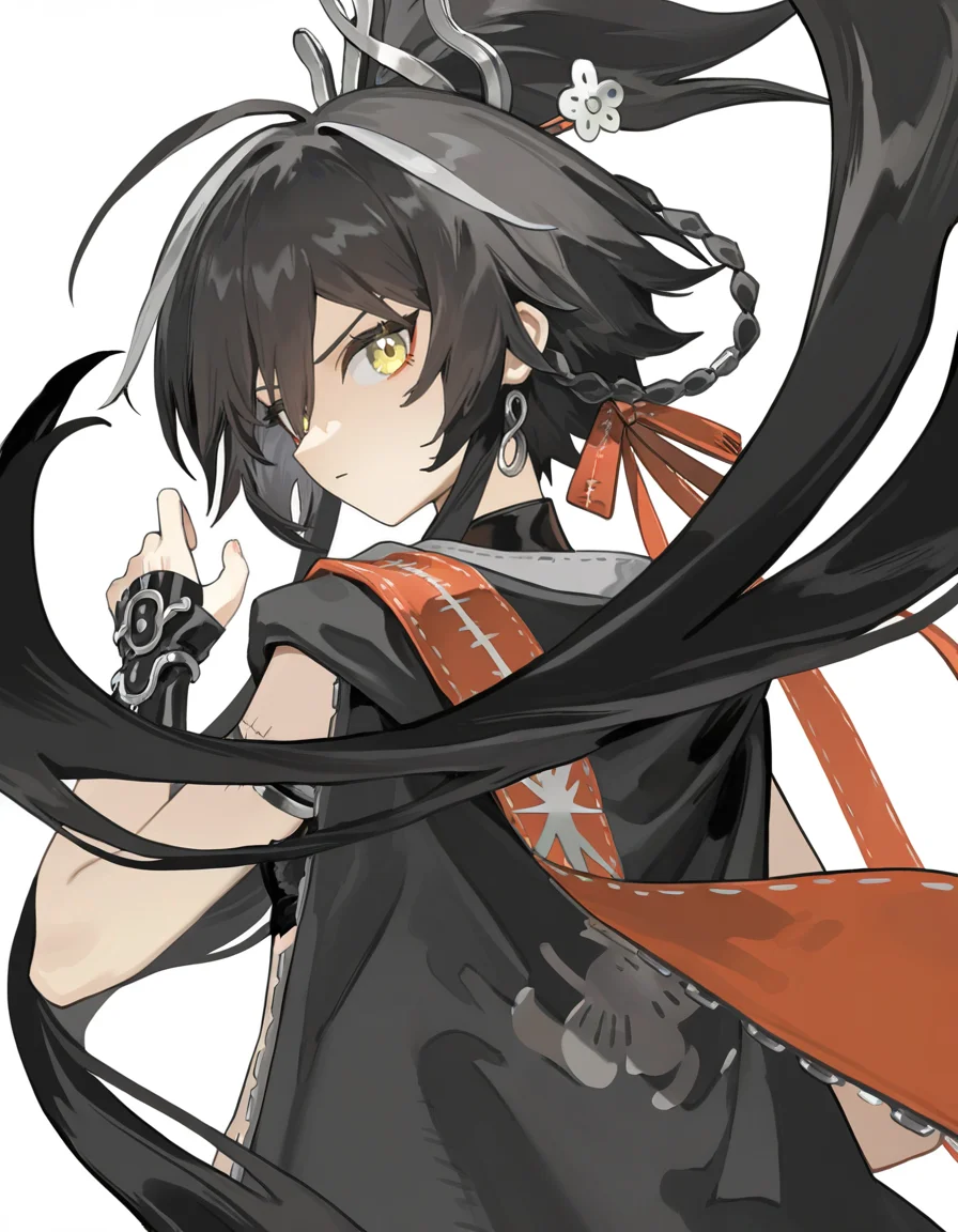 white background,simple background,looking at viewer,from behind,
<lora:mofei_noob2>,mofei,1girl,solo,black hair,long hair,very long hair,multicolored hair,yellow eyes,braid,hair ornament,jewelry,tattoo,cloak,
masterpiece,best quality,very aesthetic,absurdres,