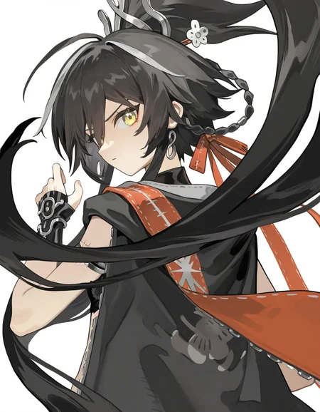 white background,simple background,looking at viewer,from behind,
<lora:mofei_noob2>,mofei,1girl,solo,black hair,long hair,very long hair,multicolored hair,yellow eyes,braid,hair ornament,jewelry,tattoo,cloak,
masterpiece,best quality,very aesthetic,absurdres,