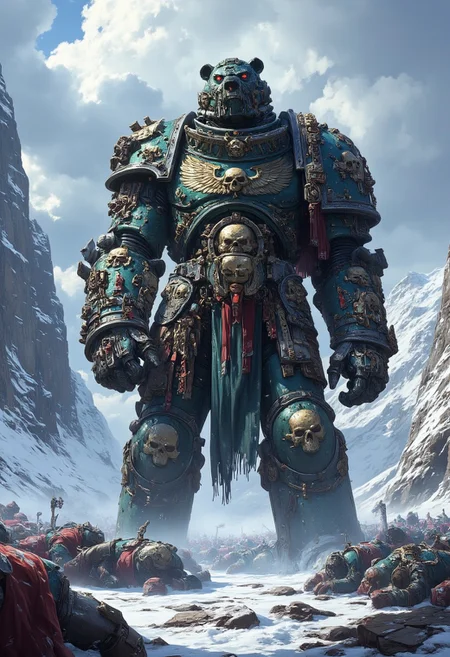 ((Dark fantasy art))
The image depicts a massive, humanoid bear standing in a snowy battlefield. The bear is dressed in dark fantasy armor and adorned with skulls, chains, and furs. Its imposing size and fierce expression suggest a dominant warrior. Surrounding the bear are fallen soldiers and debris, giving the impression of a fierce battle. Snow-covered mountains and a cold, stormy sky form the background, enhancing the dark, brutal atmosphere of the scene.