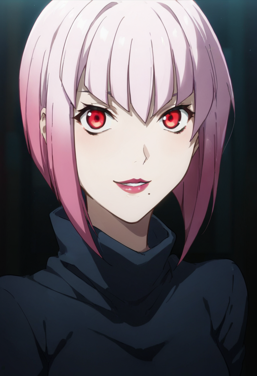 score_9,score_8_up,score_7_up,score_6_up,score_5_up,score_4_up,anime coloring,source_anime,<lora:Valsh_Rozzo_Valctovoel_Girika_Kekkai_Sensen_Pony:0.8>,girika,1girl,solo,red eyes,short hair,pink hair,mole under mouth,lipstick,turtleneck,black dress,smile,multicolored background,portrait,upper body,looking at viewer,