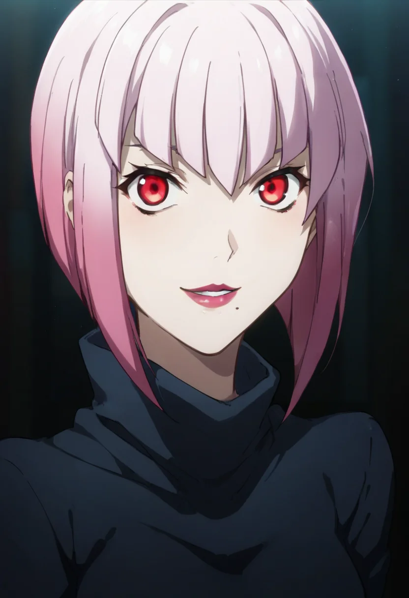 score_9,score_8_up,score_7_up,score_6_up,score_5_up,score_4_up,anime coloring,source_anime,<lora:Valsh_Rozzo_Valctovoel_Girika_Kekkai_Sensen_Pony:0.8>,girika,1girl,solo,red eyes,short hair,pink hair,mole under mouth,lipstick,turtleneck,black dress,smile,multicolored background,portrait,upper body,looking at viewer,
