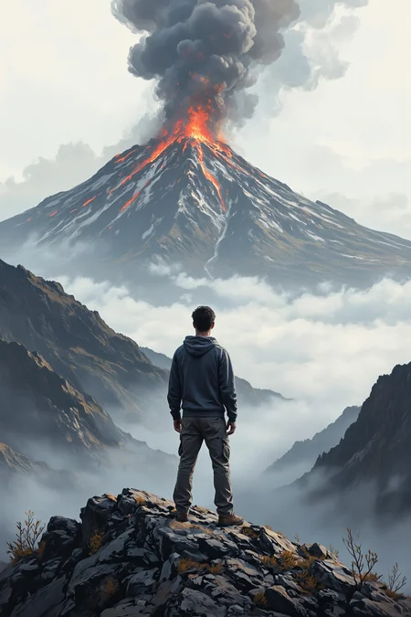 a single man standing with his back to the camera, the man stands on a mountain peak, the valley below is hidden by a ocean of fog, behind the man you can see a dramatic erruption of a vulcano, early morning before sunrise situation, black smoke rises from the errupting mountain, detailed brush painting