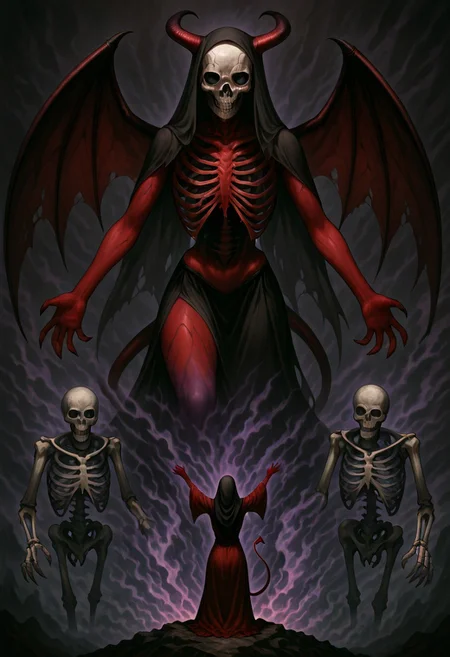 masterpiece, best quality, newest, absurdres, highres, anime, anime style, 1girl, demon girl, Purple skin,
1girl, red skin, red colored skin, demon girl, succubus, demon horns, horns, demon wings, demon tail, wings, horror (theme), monster girl, skull, skull mask, bones, skeleton, veil, veiled face, mask,
, giantess giant, size difference