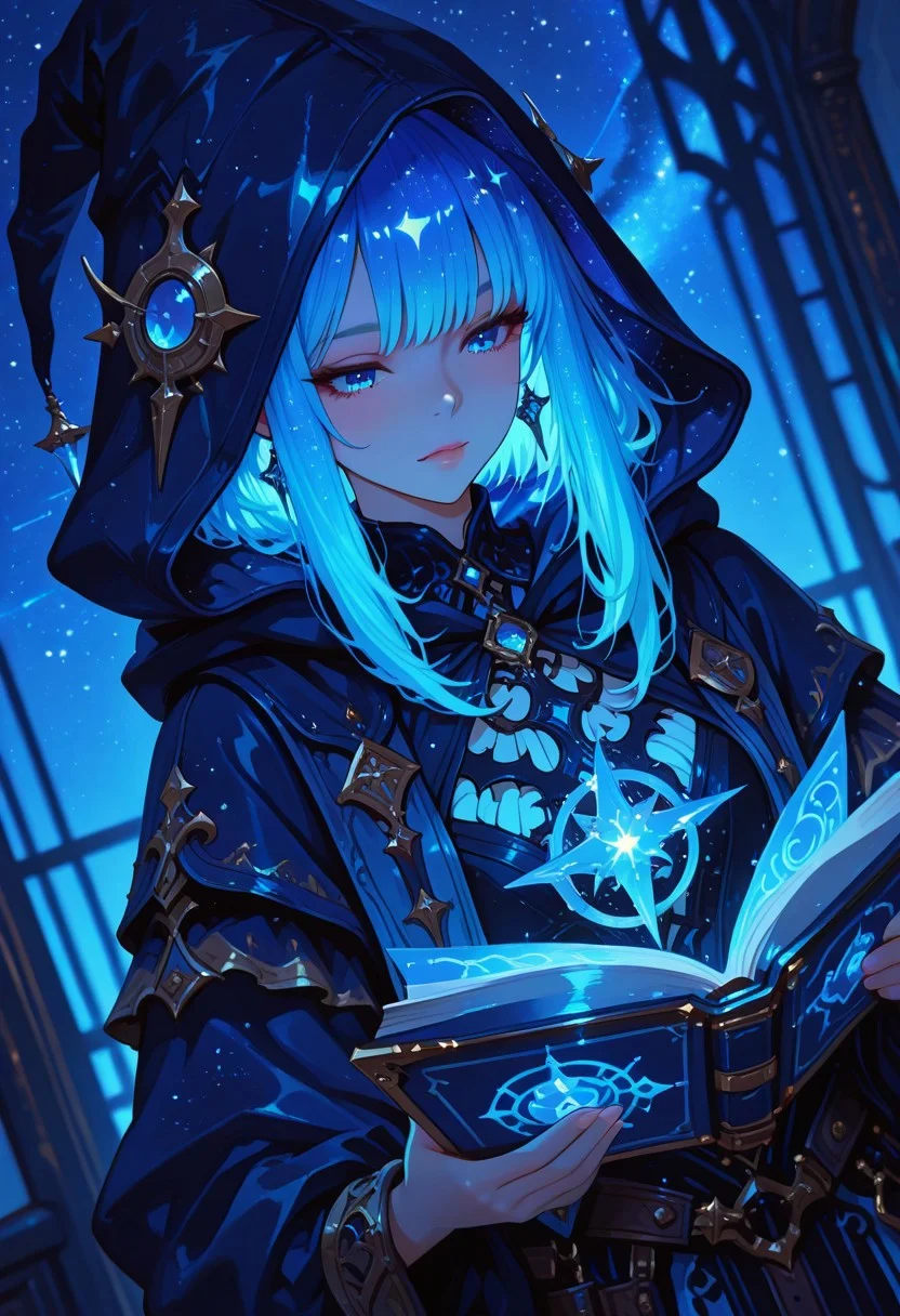masterpiece, best quality, good quality, very aesthetic, absurdres, newest, 8K, depth of field, focused subject, in the style of cknc, artist:moriimee, in the style of cksc, 748cmstyle, BREAK
Young woman, skin replaced by starry sky, long bright blue fluorescent hair, witch fantasy outfit, floating spellbook, hooded, dynamic angle, directional lighting, monochrome picture, blue hues