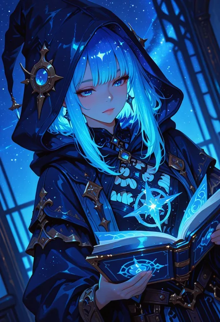 masterpiece, best quality, good quality, very aesthetic, absurdres, newest, 8K, depth of field, focused subject, in the style of cknc, artist:moriimee, in the style of cksc, 748cmstyle, BREAK
Young woman, skin replaced by starry sky, long bright blue fluorescent hair, witch fantasy outfit, floating spellbook, hooded, dynamic angle, directional lighting, monochrome picture, blue hues
