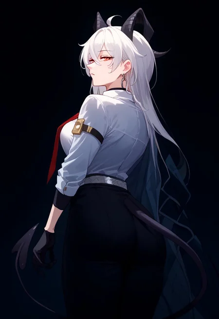 score_9, score_8_up, score_7_up, source_anime,
wrnchwuwazani, horns, hair between eyes, red eyes, long hair, large breasts, white hair, demon horns, ahoge,
demon tail,
collared shirt, white shirt, red necktie, long sleeves, black gloves, earrings, jewelry, black choker, black pants, belt, shirt tucked in, button gap
shy, rear view, Expressiveh