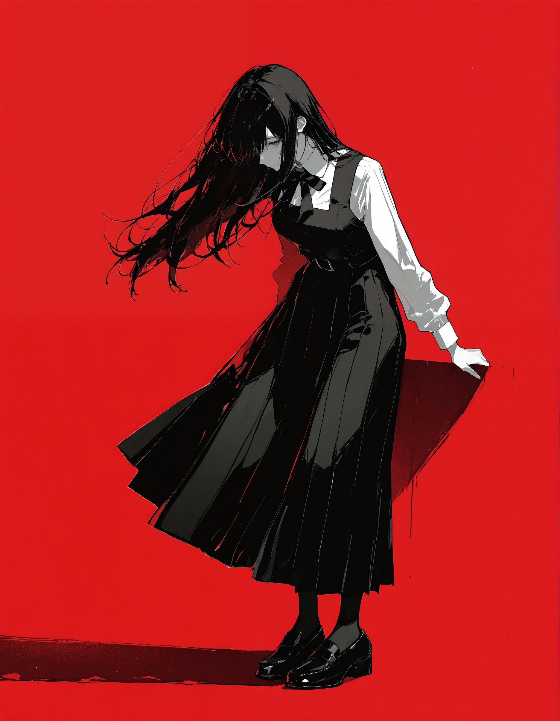 masterpiece, best quality, amazing quality, very aesthetic, absurdres, newest, scenery,<lora:69yottea_illu:1.4>,
69yotte4_style, 1girl, solo, pinafore dress, dress, black hair, white shirt, shirt, long hair, school uniform, red background, full body, long sleeves, black footwear,monochrome,