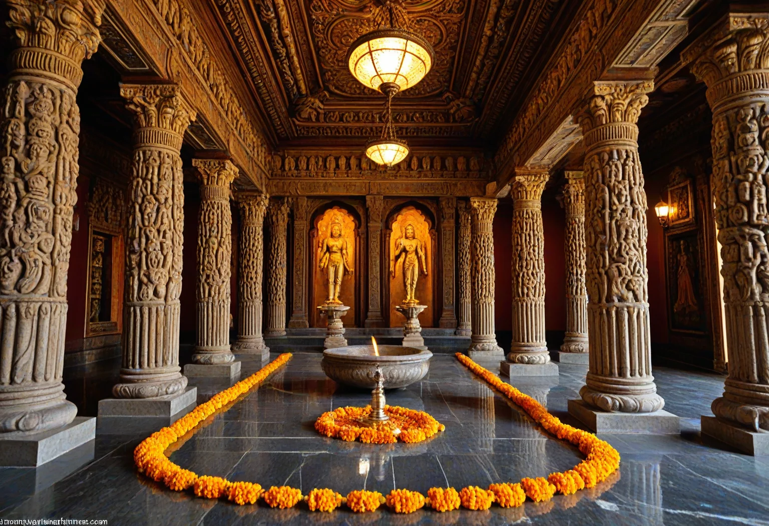 <lora:pytorch_lora_weights_361535:1>,(masterpiece, best quality, hires, high resolution, beautiful, aesthetic, perfect, delicate, HDR, 32k, extremely intricate details),
A professional street photography of In the inner sanctum of a South Indian Hindu temple, towering stone pillars densely carved with deities, gold-leafed statues, vivid mural ceilings, fresh flower garlands, and clouds of incense hanging above polished granite floors. (lamp and torchlight:1.2) at dusk bathes every carving in flickering amber and deep shadow, filling the sanctum with spiritual energy.,