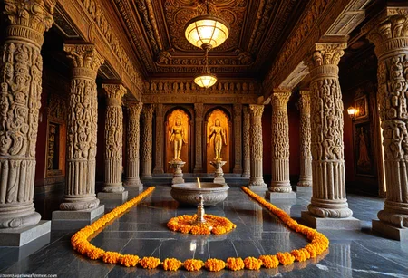 <lora:pytorch_lora_weights_361535:1>,(masterpiece, best quality, hires, high resolution, beautiful, aesthetic, perfect, delicate, HDR, 32k, extremely intricate details),
A professional  street photography of In the inner sanctum of a South Indian Hindu temple, towering stone pillars densely carved with deities, gold-leafed statues, vivid mural ceilings, fresh flower garlands, and clouds of incense hanging above polished granite floors. (lamp and torchlight:1.2) at dusk bathes every carving in flickering amber and deep shadow, filling the sanctum with spiritual energy.,
